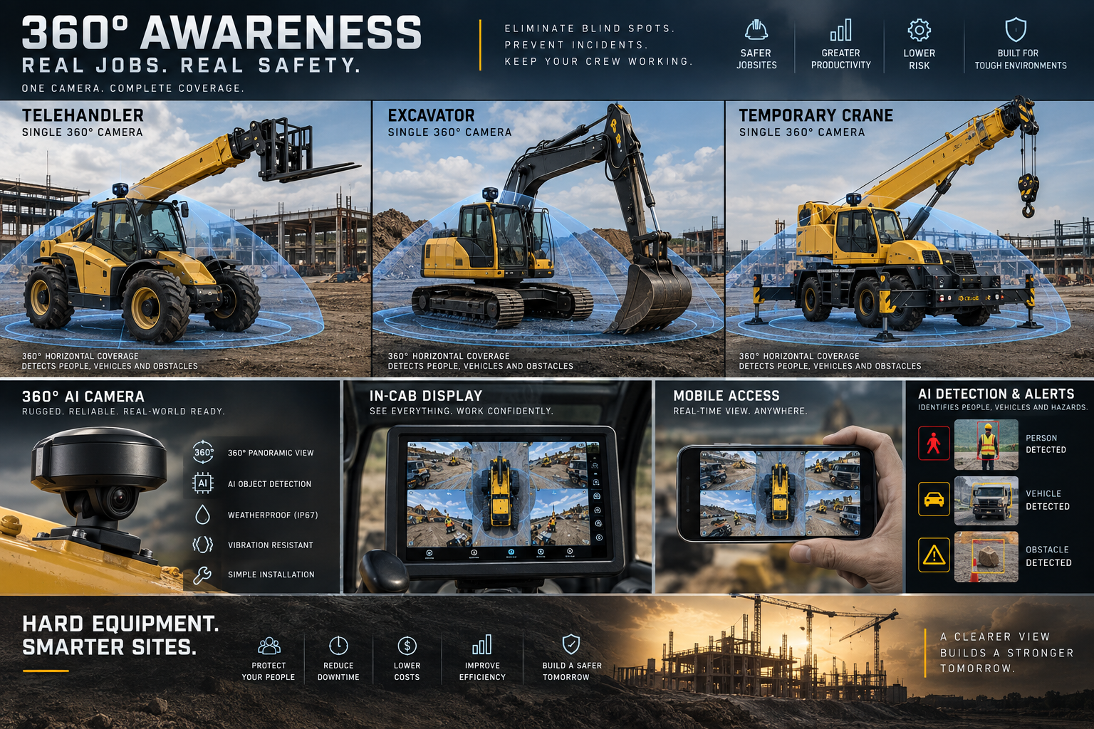 AI safety awareness system showing supported equipment, 360 degree cameras, in cab display, mobile access, and alerts