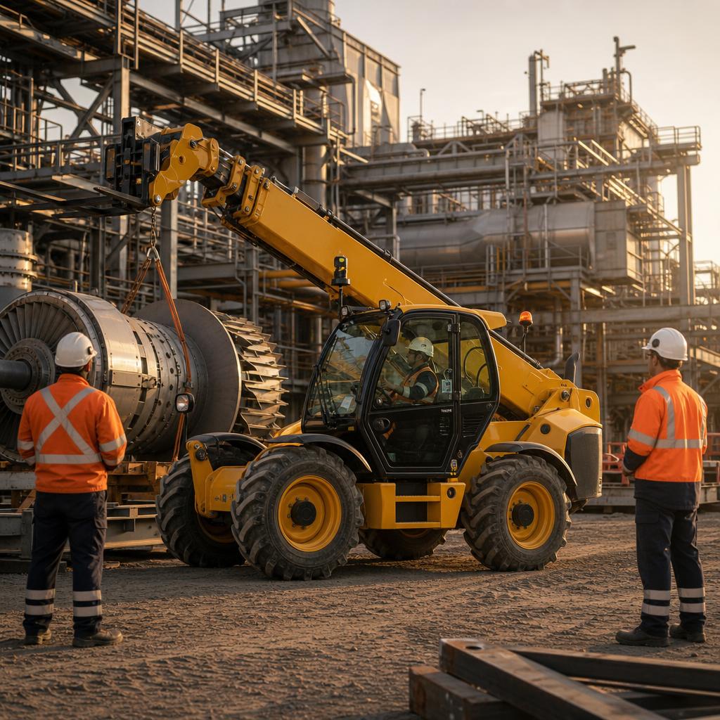 Telehandler equipped with AI safety cameras operating at a power generation project