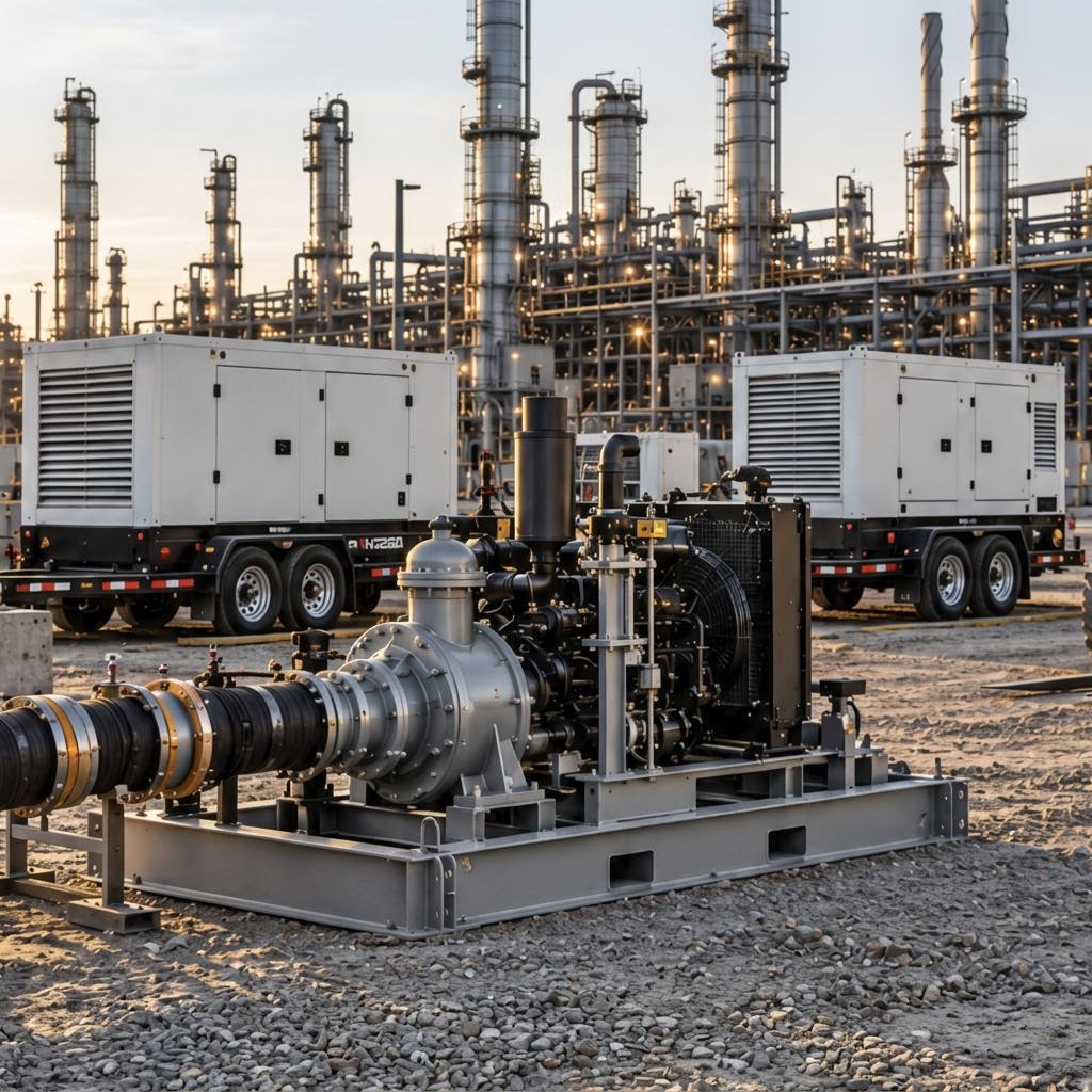 Illustrative image: intact skid-mounted fluid transfer pump with mobile generators at an industrial site
